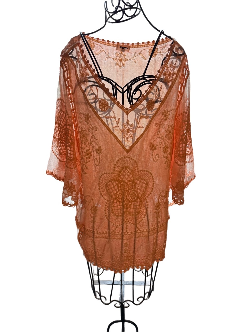Kindred Peach Orange Crochet Lace V-Neck Tunic Top